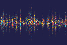 sound waves depicted as strings of colorful balls in adjacent columns