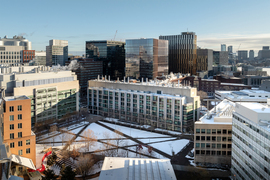 Aerial view of MIT’s campus showing Hockfield Court and adjacent Kendall Square buildings