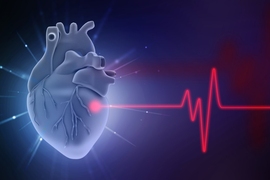 Image depicting a 3D rendering of a glowing human heart on the left with a red waveform (ECG) on the right.