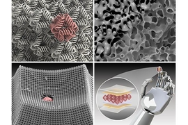 A four panel design showing architected materials at the nanoscale