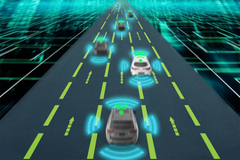 Conceptual illustration of autonomous vehicles communicating on a smart highway.