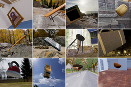 Twelve computer-generated images of tea kettles and other objects floating in different scenes.