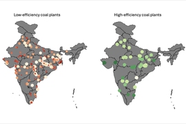 Two simple outline maps of India, each covered with dots. At left, plants are marked with green dots of different shades and labeled "low-efficiency coal plants." At right they are marked with orange dots of different shades and labeled "high-efficiency coal plants."