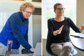 At left, Andrew Vanderburg leans over a table with laptop. At right, Ariel White gestures while seated in front of a window.