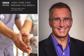 On left is the book cover for “Long-Term Care around the World” shows elderly hands. On right is a portrait of Jonathan Gruber.