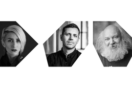 Three grayscale portrait photos, each framed within a polygon shape.