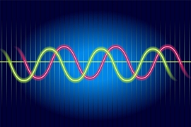 Two colorful sine waves run horizontally across a dark blue background. The peaks and valleys of the waves are shifted relative to each other, indicating they are out of phase.