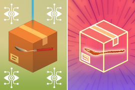On left, a laser shines on a box with a spoon inside. On right, the transparent box shows the spoon’s silhouette.