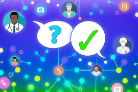Five cartoon physicians inset in circles are connected by lines to dots representing patients. One doctor has a word bubble showing a question mark and one dot emits a word bubble with a large checkmark.
