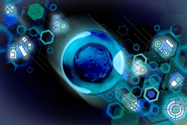 Encased cell with medical icons against abstract background