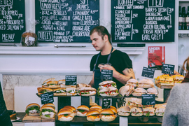 A menu and sandwiches in London restaurant.