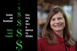 On left, the book, “Taxation and Resentment,” has green dollar signs down the middle. On right is a portrait of Andrea Campbell.