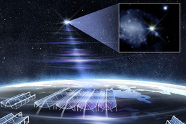 Illustration shows Earth with an array of CHIME antennae. Inset shows a bright radio burst.