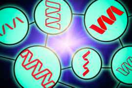 Icons of protein strands are connected to each other by lines, like a large-language model.