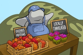 Cartoon illustration of a ribosome farmer near mitochondria selling colorful "organic" and "locally translated" proteins in cartons