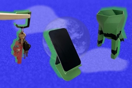 3D rendered images of green-colored wall hooks, phone stands, and plant pots overlay a faint image of the earth and clouds