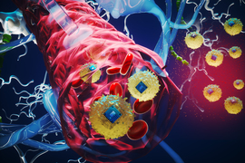Unique tiny electronics with circuit boards travel through bloodstream.