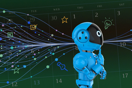 A robot thinks while an LLM web passes through them.