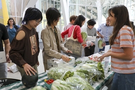 A smiling student standing behind a table bearing bags of leafy greens watches other students file past