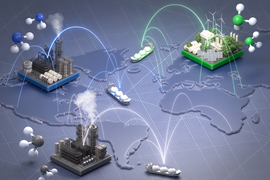 Stylized manufacturing warehouses across the globe, sending ammonia materials to each other.