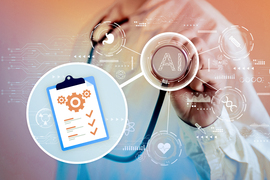 A doctor holds a stethoscope saying “AI,” which is linked to inset clipboard with checkmarks.