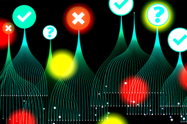 Lines forming cones are connected to check marks, question marks, and "x" icons.