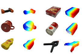 Six objects, like a soup can and a cup, appear as rainbow-colored 3D objects.