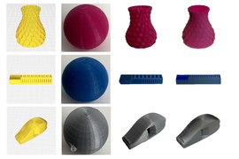 Four columns are labeled “Target; Material; Real Photo; VisiPrint (ours).” Objects, like a vase and whistle, are shown. The VisiPrint objects look very similar to the Real Photo.