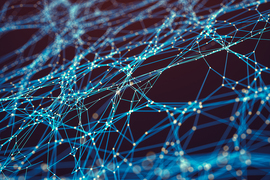 An artistic depiction of an abstract neural network is a network of bright lines and points