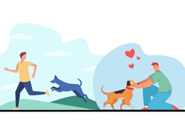 Cartoon shows a man running from a dog on the left, and a different man kneeling down to pet a different dog on the right.