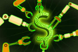 A dollar sign surrounded by robotic arms.