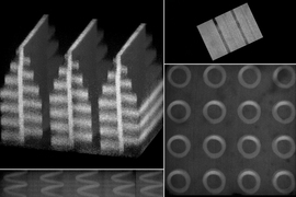 Collage of structure shaped like towers, helices, squares, and squiggly lines.