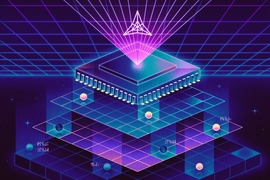 Abstract illustration of a computer chip split up into layers over a neon grid in the background.