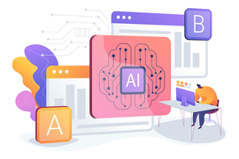 Conceptual illustration for A-B Testing and AI-Refined Marketing has a cartoon figure sitting at a computer next to a giant CPU labeled “AI” and two giant cards labeled “A” and “B"