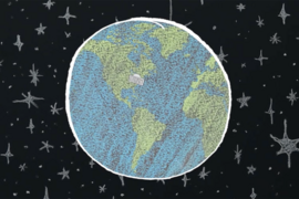 Cartoon Earth in space with the MIT Dome over Massachusetts