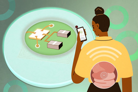 A figure looks at her phone which has sensor data. A tiny sensor is in her intestine. In background is a large illustration of the blueberry-shaped sensor with chips and circuits.
