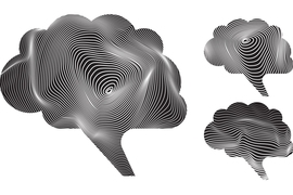Three black cloud-like cartoon brains are filled with white concentric loops representing brain waves