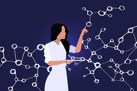Illustration of a woman holding a tablet and touching what look like molecules in the air