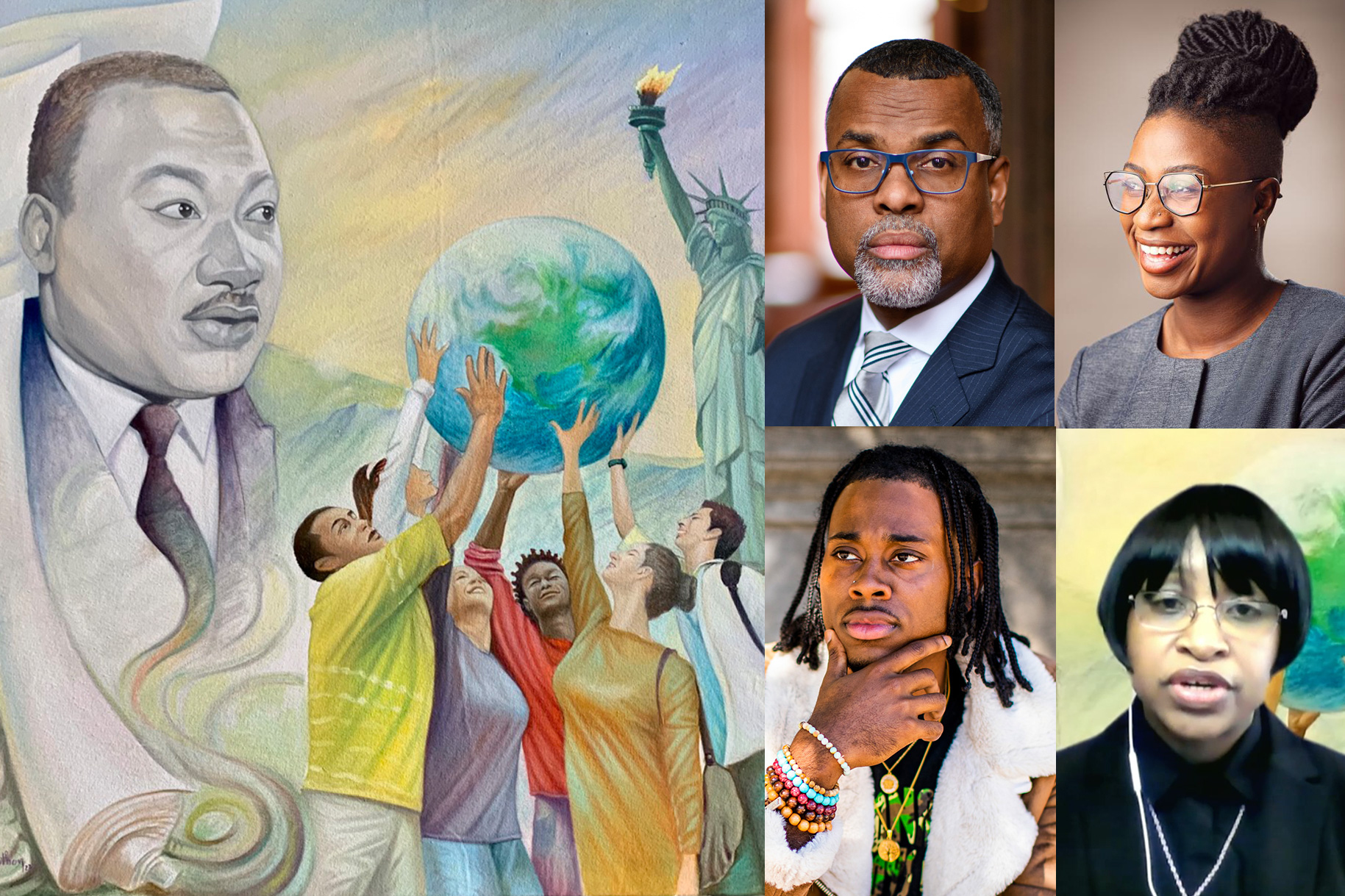 48th Annual Dr. Martin Luther King Jr. Celebration was held virtually on February 10. The oil painting “Celebrate the truth of the dream with love,” by Wisthon Thimé of Jean Appolon Expressions, was commissioned for the event. Speakers included (clockwise from top left) keynote speaker Dr. Eddie S. Glaude, Jr; graduate student Ufuoma Ovienmhada; staff member Carolyn Carrington; and undergraduate student Brian Williams.