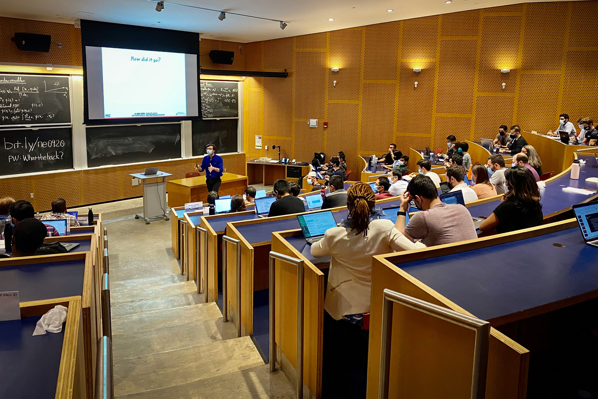 MIT’s New Enterprises course challenges students to work through every step of the entrepreneurship process. It has been taught every year since 1961. In this photo, Sloan lecturer Paul Cheek teaches the New Enterprises course at MIT.