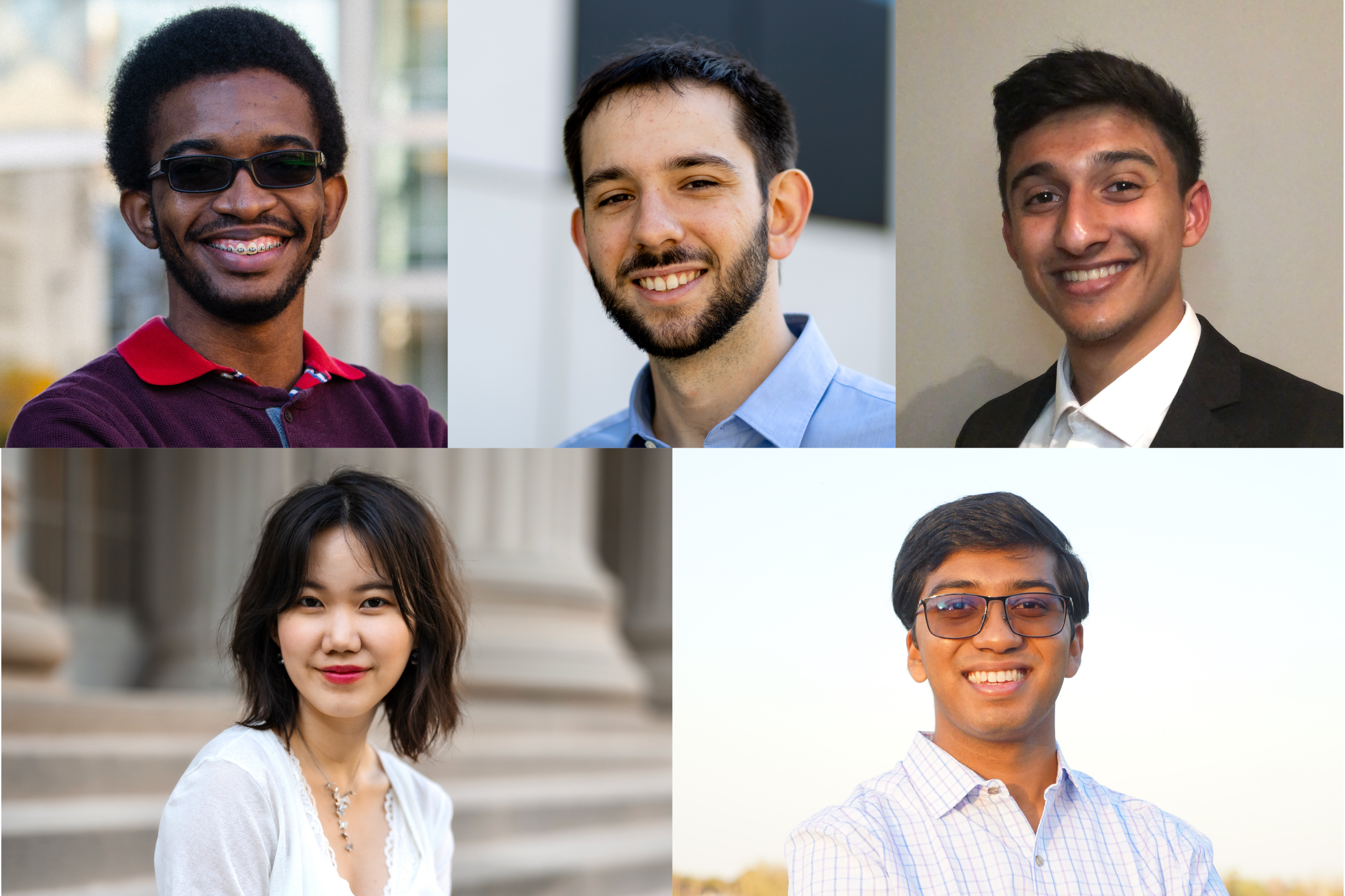 The 2022 Knight-Hennessy Scholars include (top row, left to right) Desmond Edwards, Tomás Guarna, Pranav Lalgudi, (bottom row, left to right) Michelle Lee, and Syamantak Payra. Not shown: Jessica Karaguesian