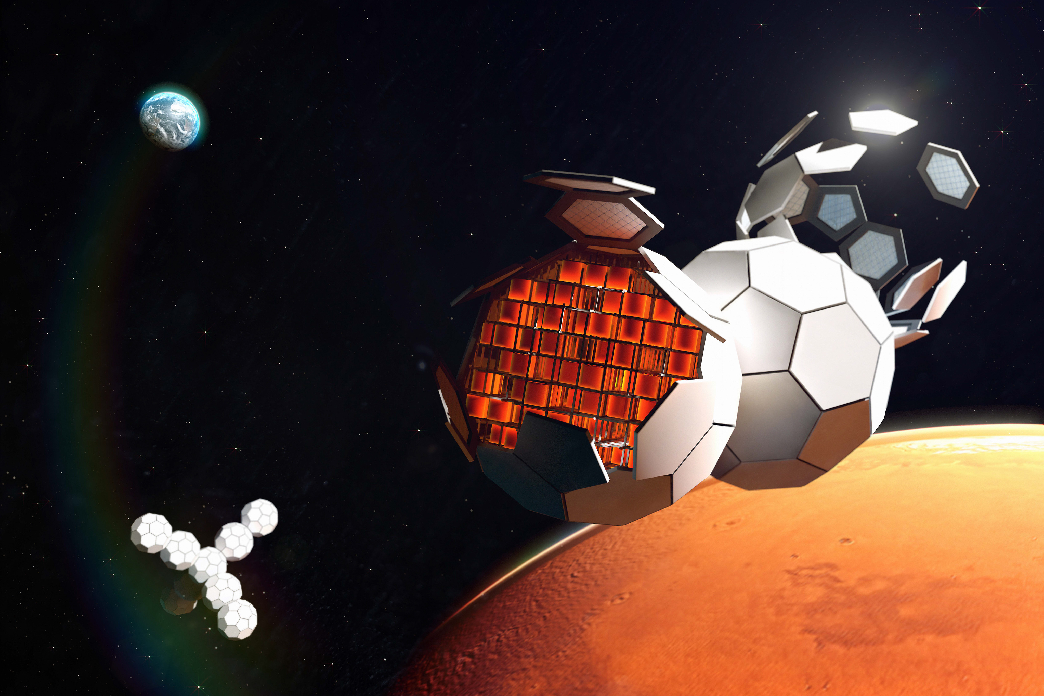 An artist’s illustration of TESSERAE habitats in space. Shown in foreground is a self-assembling storage unit, autonomously connecting to other structures.