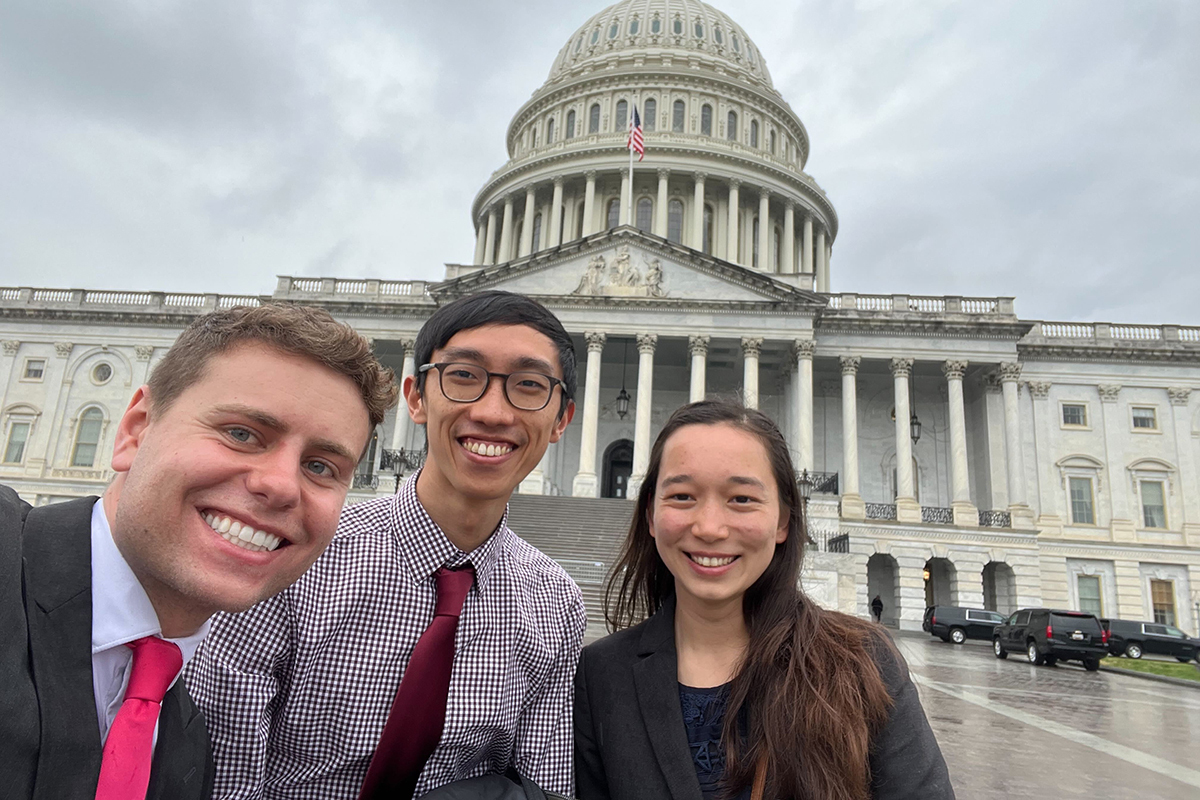 MIT students (left to right) Dylan Wootton, James Diao, and Emi Lutz took meetings with congressional offices on Capitol Hill to advocate for increased scientific funding.