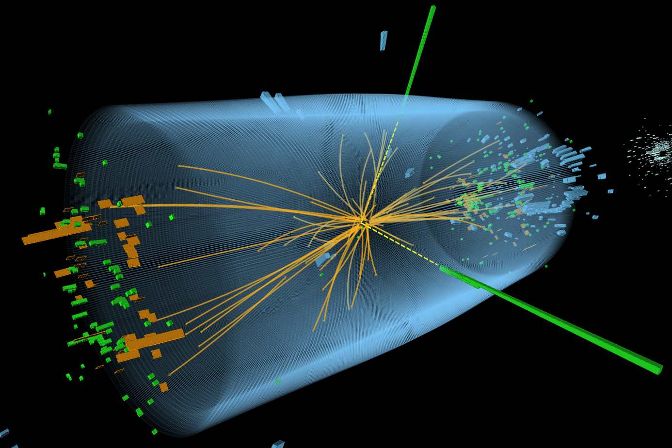 Event recorded with the CMS detector in 2012 at a proton-proton center of mass energy of 8 TeV. The event shows characteristics expected from the decay of the SM Higgs boson to a pair of photons (dashed yellow lines and green towers).