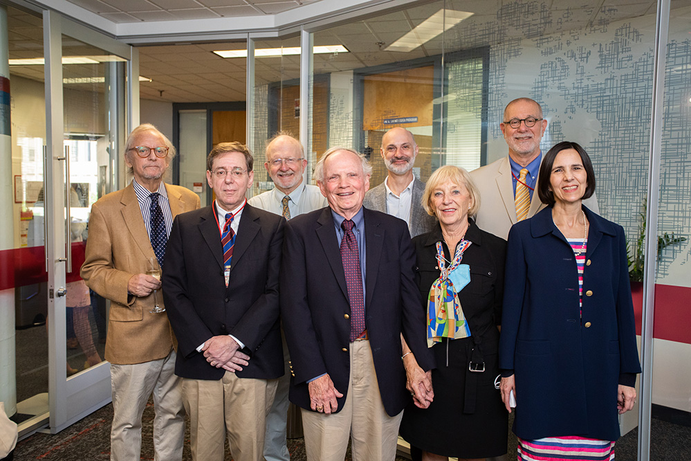 The Center for International Studies hosted an event on May 26 in honor of Robert Wilhelm. Pictured in the new Robert E. Wilhelm Conference Room are (front row, l-r) Steven Simon, Robert Wilhelm, Gena Whitten, Lourdes Melgar; (back row, l-r) John Tirman, Stephen Van Evera, Agustín Rayo, and Richard Samuels.
