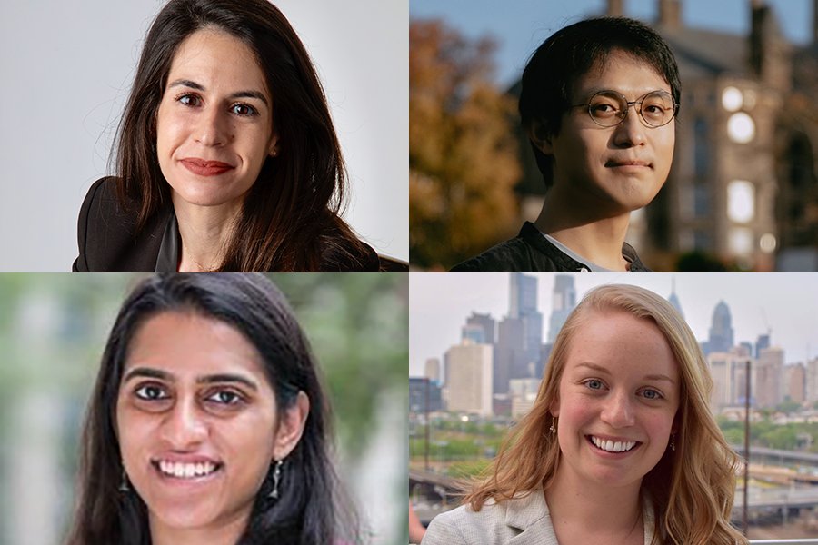 Clockwise from top left: Juncal Arbelaiz, and Xiangkun (Elvis) Cao, Heather Zlotnick and Sandya Subramanian are Schmidt Science Fellows, an honor created in 2017 to encourage young researchers to pursue postdoctoral studies in a field different from their graduate work.