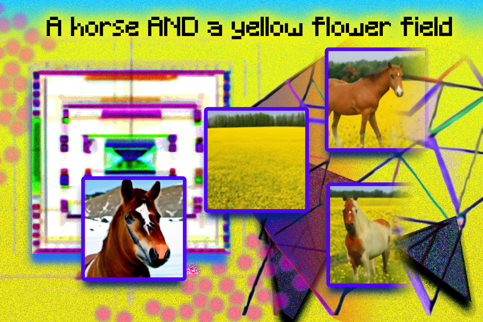 This photo illustration was created using generated images from an MIT system called Composable Diffusion, and arranged in Photoshop. Phrases like “diffusion model” and “network” were used to generate the pink dots and geometric, angular images. The phrase “a horse AND a yellow flower field” is included at the top of the image. Generated images of a horse and yellow field appear on the left, and the combined imagery of a horse in a yellow flower field appear on the right.