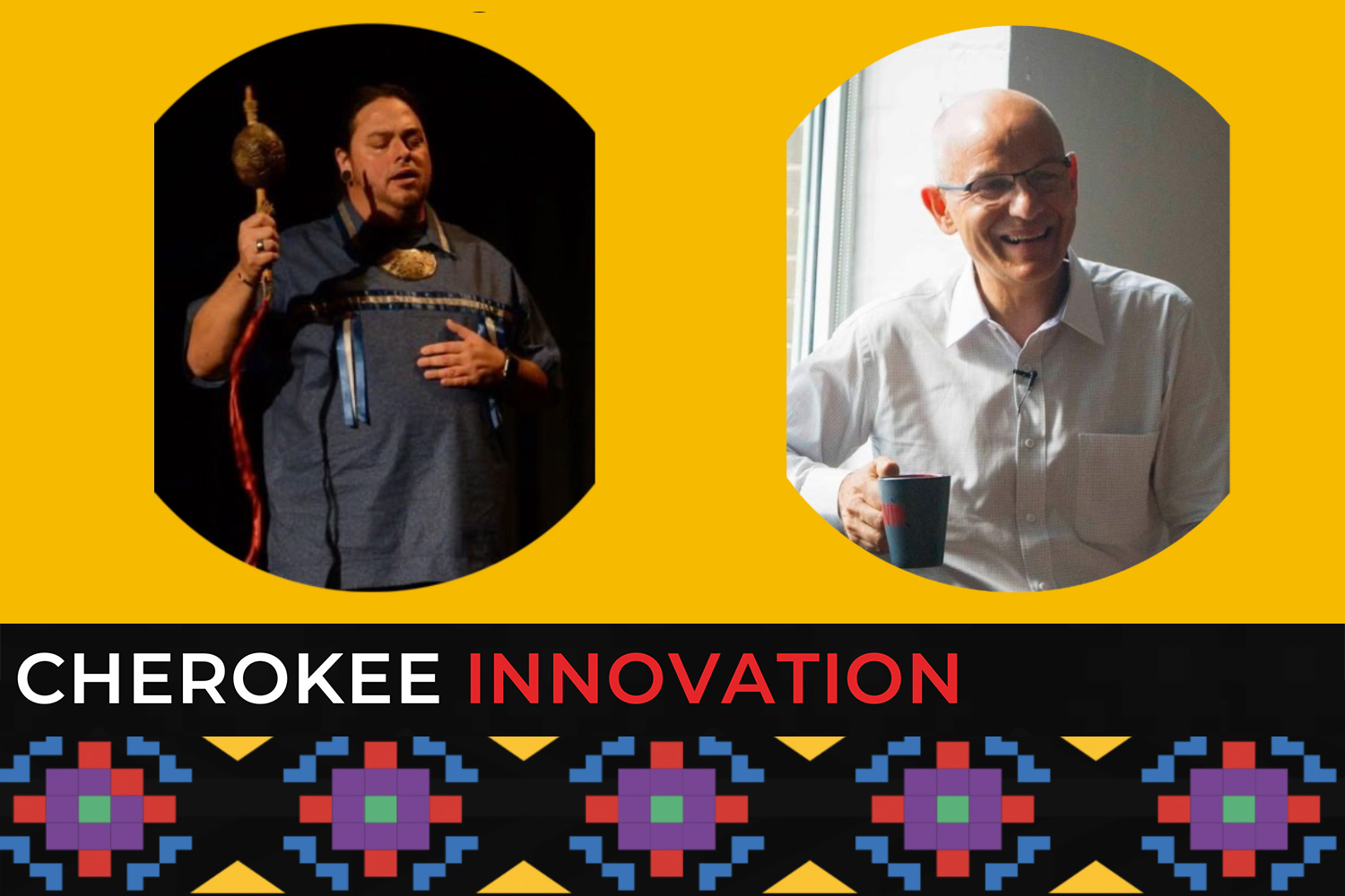 In a presentation profiling four Cherokee innovators, MIT Professor David Robertson, right, and Cherokee Nation Developer of Adult Immersion Language Revitalization Programs Wahde Galisgewi, left, showed how Cherokee culture holds lessons for innovators of all backgrounds.