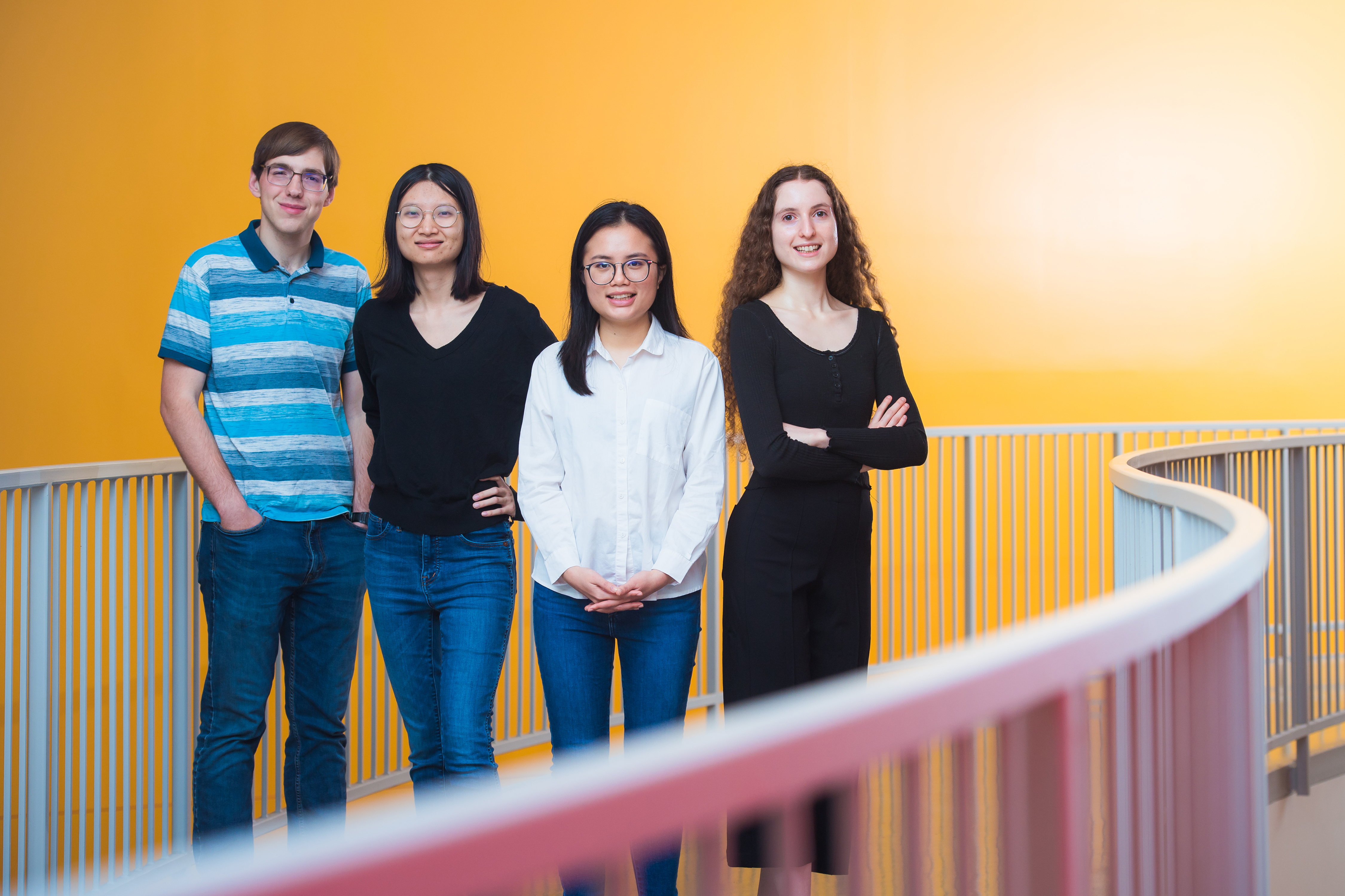 Left to right: Harry Heiberger, Tongtong Liu, Linh Nguyen, and Helena Merker. When Merker, Heiberger, and Nguyen joined the project as first-year students in fall 2020, they were given a sizable challenge: to design a neural network that can predict the magnetic structure of crystalline materials.