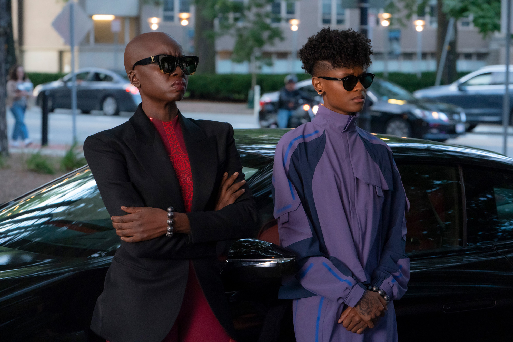 Left to right: Danai Gurira as Okoye and Letitia Wright as Shuri in Marvel Studios'
